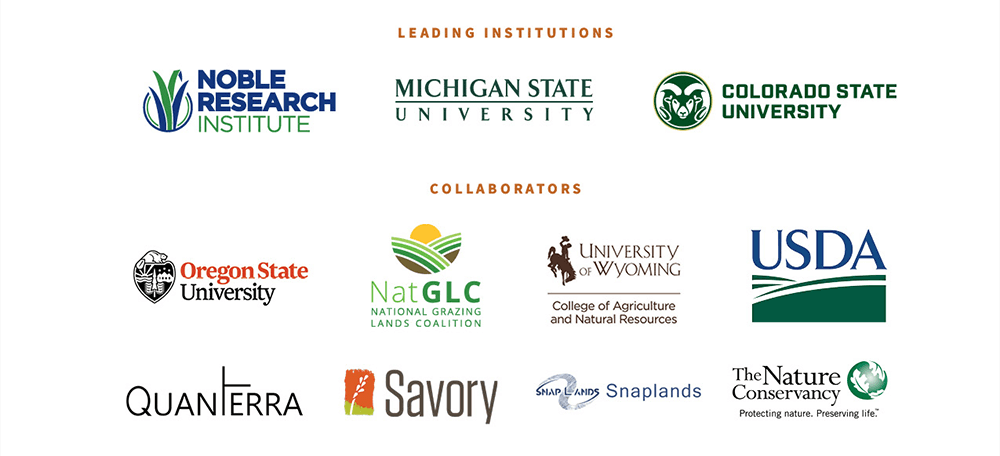 Logos and Text in Photo read - Leading Institutions: Noble Research Institute, Michigan State University, Colorado State University. Collaborators: Oregon State University Nat GCL (National Grazing Lands Coaltion), University of Wyoming College of Agriculture and Natural Resources, USDA, Quanterra, Savory, Snaplands, The Nature Conservancy - Protecting Nature, Preserving Life.
