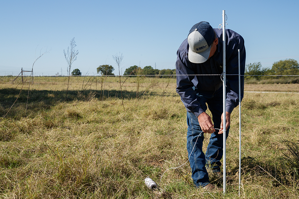 Paul Luna, a ranch and facility assistant, installing a poly wire fence