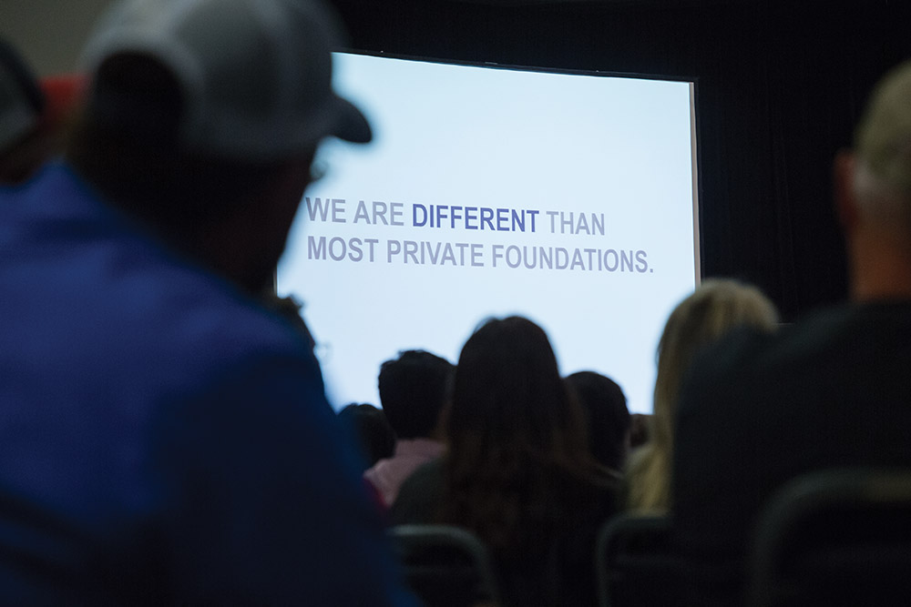 A slide at Noble's all employee meeting reads "We are different than most private foundations."