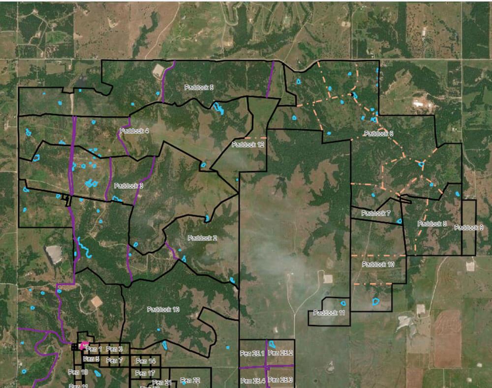 Aerial map of ranches showing pasture divisions and working pens