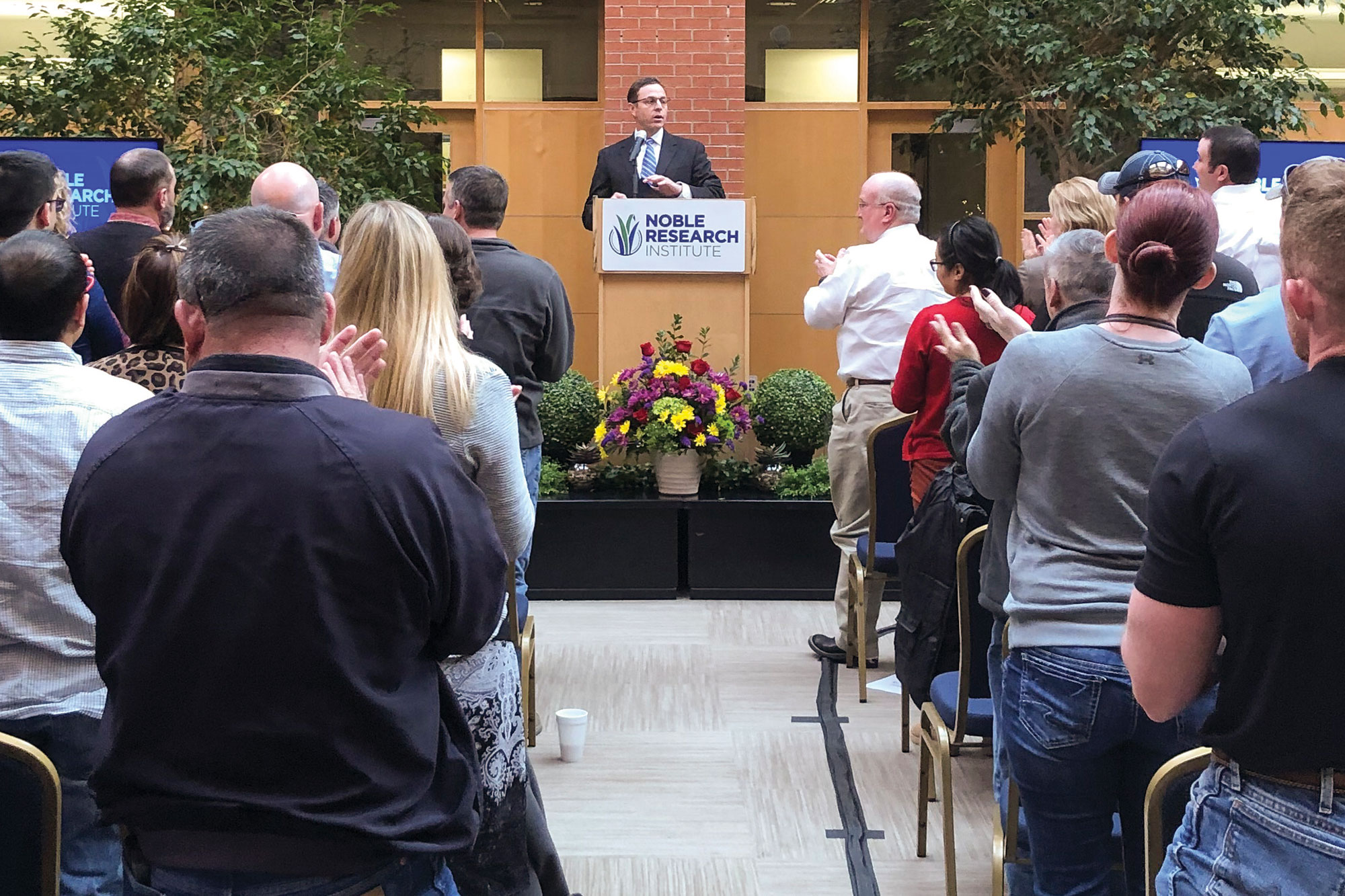 Steve Rhines addresses employees for the first time as Noble Research Institute president and CEO on Jan. 28, 2019.