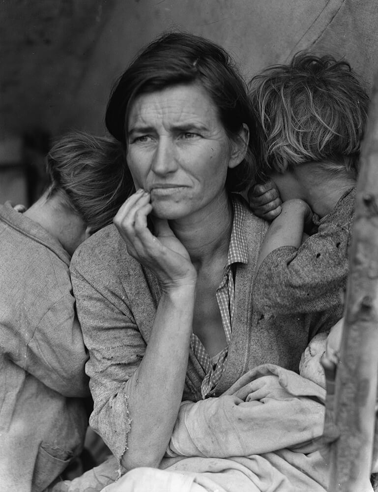 Migrant Mother by Dorothea Lange, shows a worried mother with her two children who have all been affected by the 1930s Dust Bowl crisis