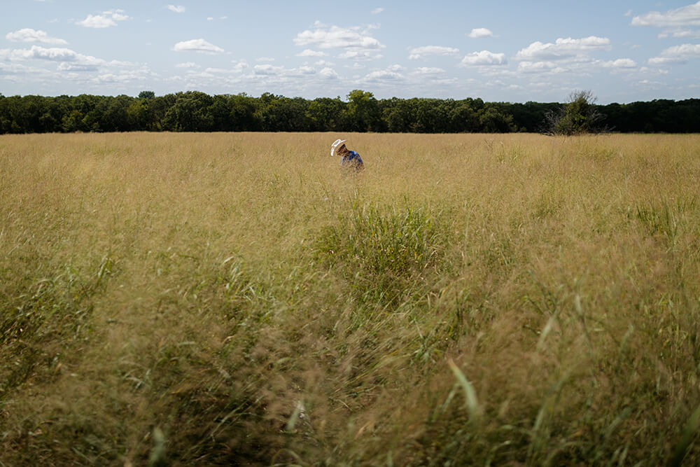 Rancher standing in very tall grass in a rested pasture