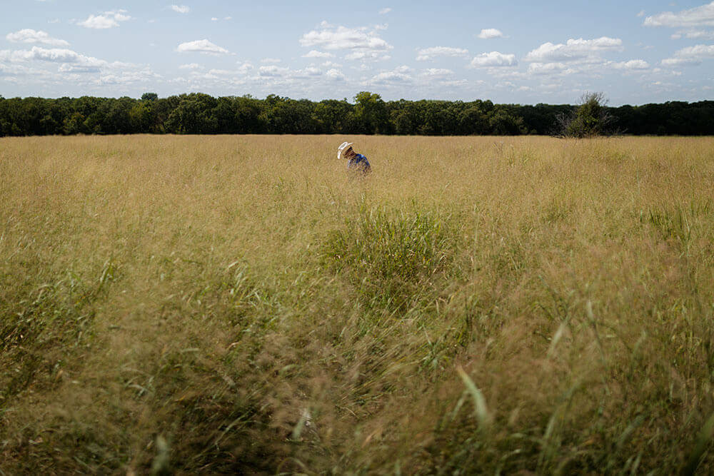 Rancher walking through tall field