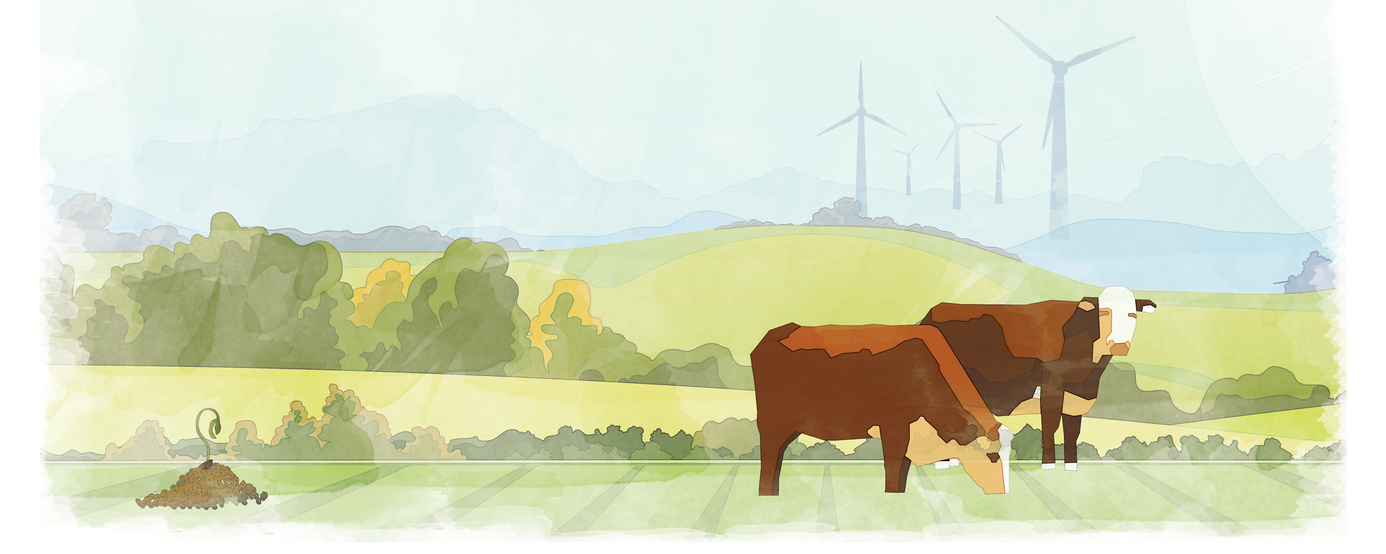 Illustration: Cattle grazing in pasture with windmills and hills in background