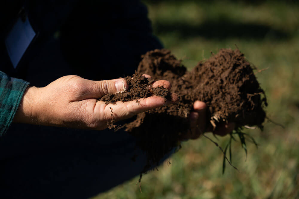 Rancher examining soil in hands