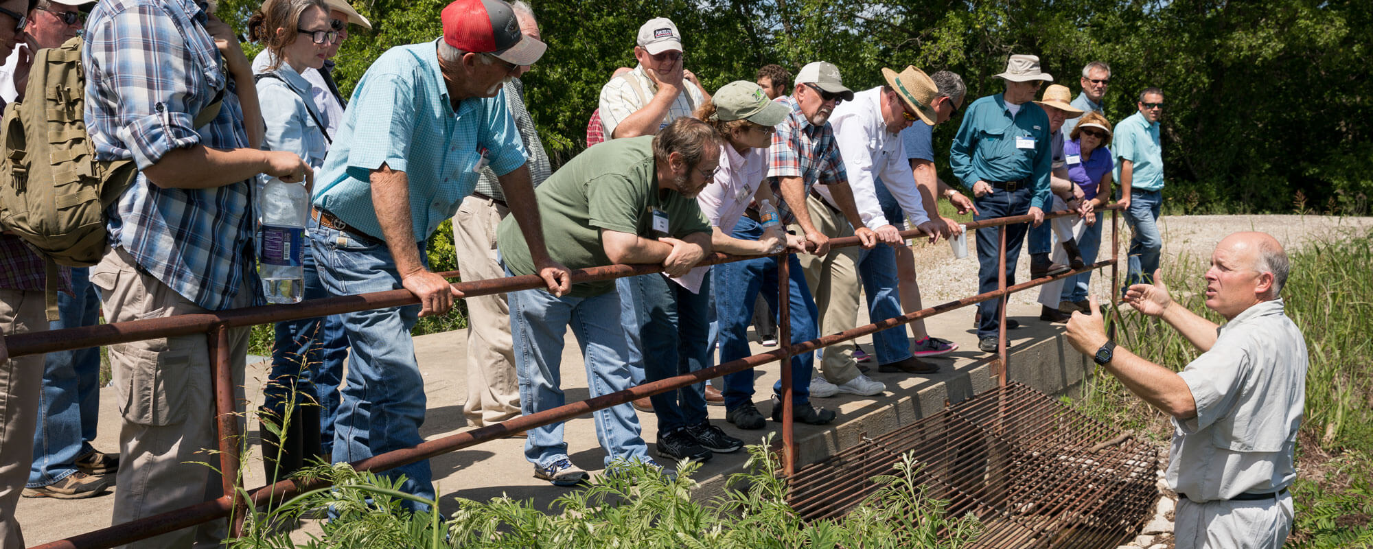 A group of class participants looks at beaver exclosures