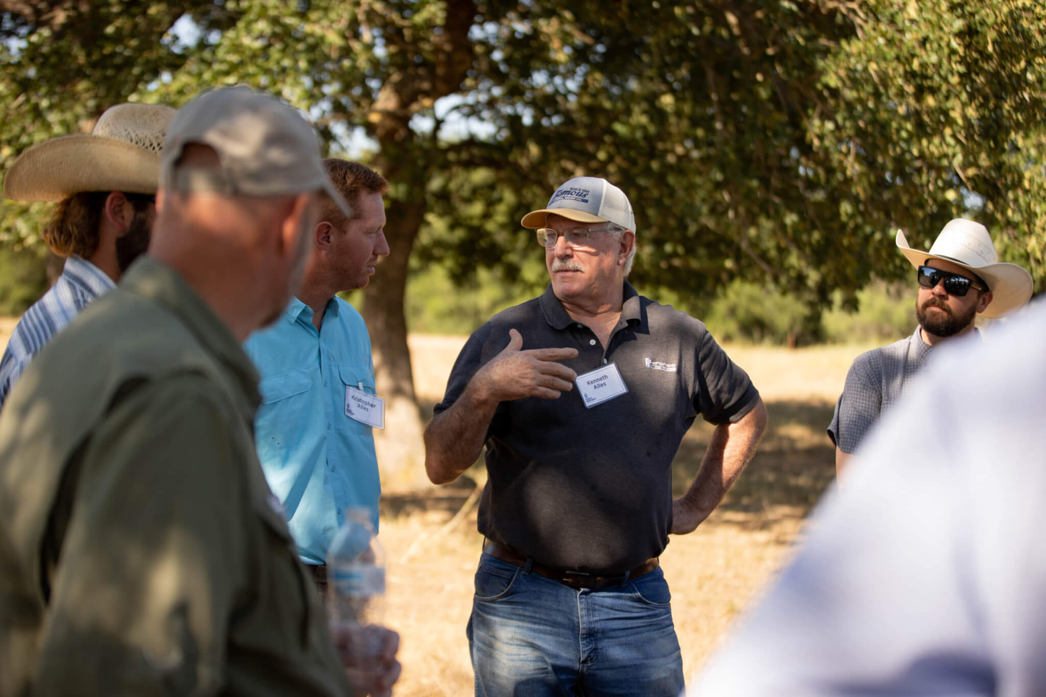 Ranchers Kristopher and Kenneth Alles of Jacksboro, Texas, discuss regenerative ranching practices at the first Essentials of Regenerative Ranching course offered by Noble Research Institute.